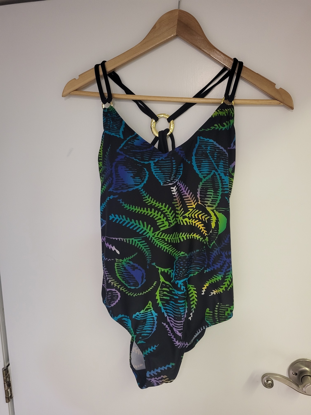 Womens Black One-Piece Swimsuit with Multicolor Fern Print
